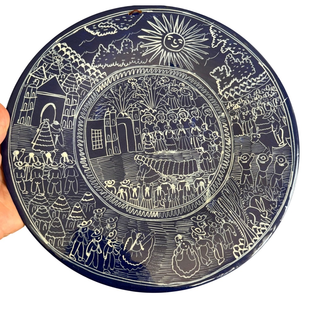Emilia Pena Ixtapa Mexican Folk Art Blue Lacquered Wood Plate Village Scene 11"